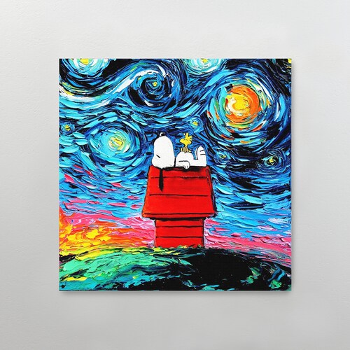 Cuadro Decorativo Snoopy noche estrellada | 55x55cm lienzo canvas 100% Algodon | DECOGALERIA
