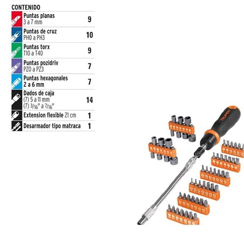 Juego Desarmador Y Puntas 58 Pz Truper 442 puntas y 14 dados 