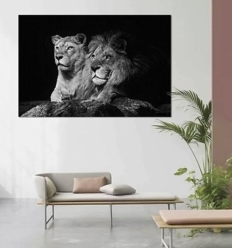 Cuadro Decorativo León Blanco y Negro | 80x120cm lienzo canvas 100% Algodón | DECOGALERIA | Listo para Colgar
