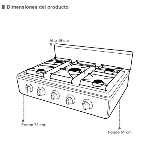 PARRILLA DE GAS DE 5 QUEMADORES CON CUBIERTA Y CUERPO DE ACERO  5Q-TA