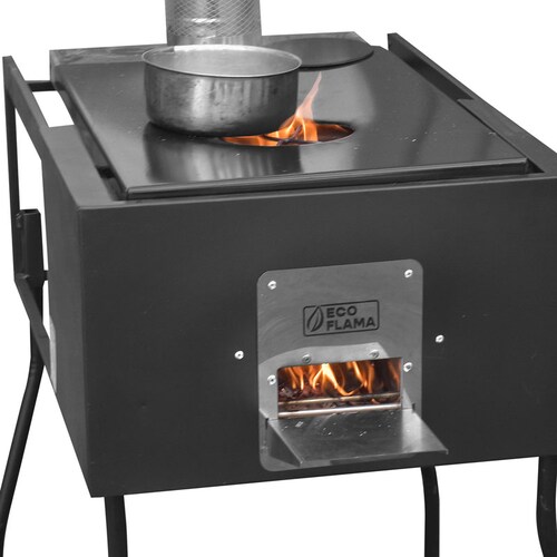 Estufa ecológica ECOFLAMA, diseñada para la ebullición y cocción de alimentos a fuego directo e indirecto, utilizando leña como principal combustible