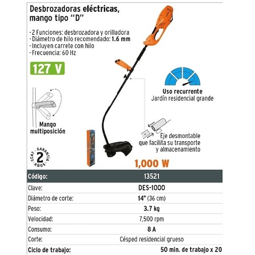 Desbrozadora Eléctrica "MOSCO" PODADORA para Jardinería  Corta Pasto Hierbas Malezas Truper de 1000W DES-1000