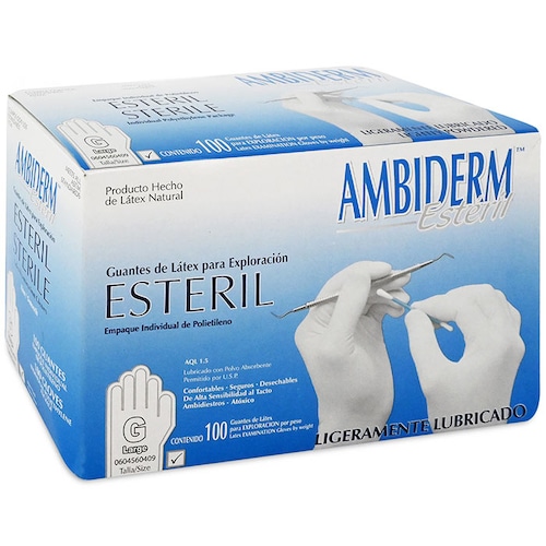 Guante Esteril de Látex Ambiderm 100pz Talla G - Médica Depot 