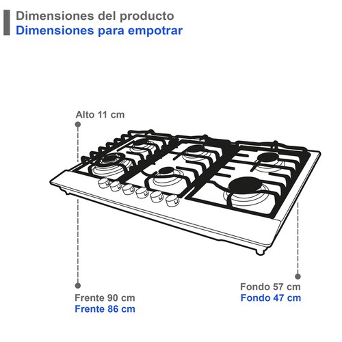 Parrilla de gas empotrable 90cm de 6 quemadores SUPRA DIAMOND STEEL con cubierta de acero brillante