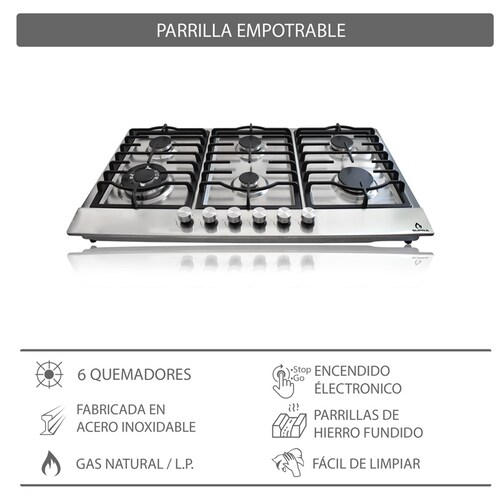 Parrilla de gas empotrable 90cm de 6 quemadores SUPRA DIAMOND STEEL con cubierta de acero brillante