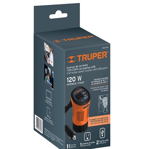 Inversor De Corriente Tipo Vaso Adaptador para Auto 2 puertos USB 120 W 