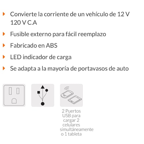 Inversor De Corriente Tipo Vaso Adaptador para Auto 2 puertos USB 120 W 