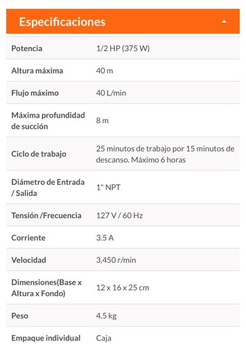 Bomba para Agua de 1/2 H/p Caballo Periférica Eléctrica sube 40 metros BOAP-1/2A2 de 375W Truper.