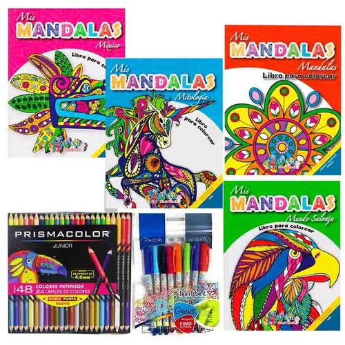4 Libros Mandalas Anti Estres Colorear + Caja 48 Colores prismacolor.