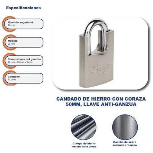 CANDADO DE SEGURIDAD HERMEX DE HIERRO CON CORAZA ANTI-GANZUA  2 LLAVES CHR-50 A 