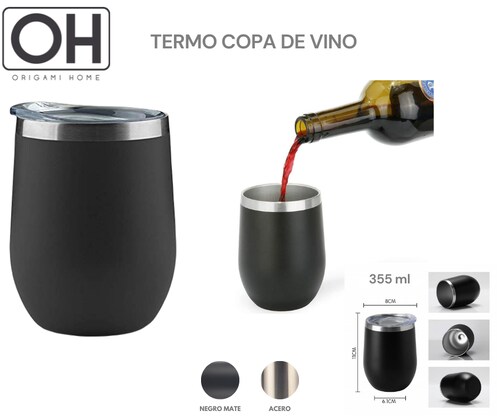 Termo Copa De Vino 350 ml - Acero Doble Capa - Origami Home -Negro
