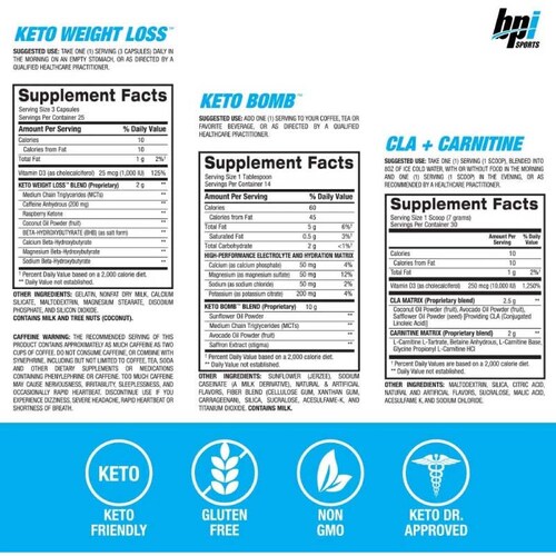 BPI Sport Fat Burning Kit  Keto Bomb + CLA + Carnitine +  Keto Weight Loss 