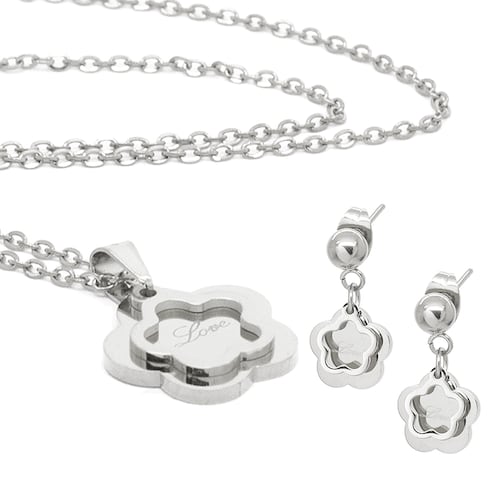 Set Acero NK de aretes con dije de flor y love en laser en acero