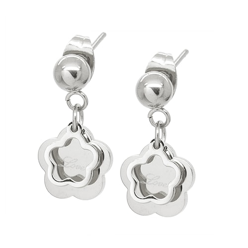 Set Acero NK de aretes con dije de flor y love en laser en acero