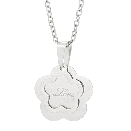 Set Acero NK de aretes con dije de flor y love en laser en acero