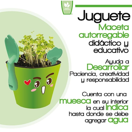 Kit educativo juguete didáctico para niños Aprendizaje de vocabulario inglés español, Germinación de plantas comestibles Maceta autorregable Kid planter SMART GARDEN Verde No incluye semillas.