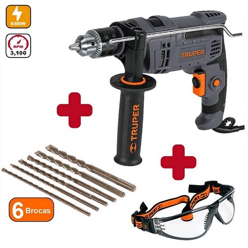 Rotomartillo de 650 w Combo Con 6 Brocas-Lentes De Seguridad Concreto, Madera y Metal COMBOR-1/2N6