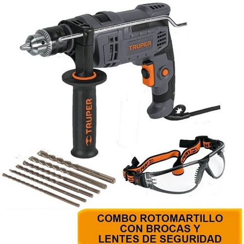 Rotomartillo de 650 w Combo Con 6 Brocas-Lentes De Seguridad Concreto, Madera y Metal COMBOR-1/2N6