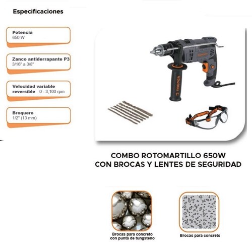 Rotomartillo de 650 w Combo Con 6 Brocas-Lentes De Seguridad Concreto, Madera y Metal COMBOR-1/2N6