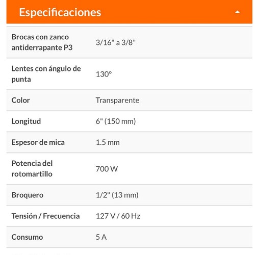 Rotomartillo de 650 w Combo Con 6 Brocas-Lentes De Seguridad Concreto, Madera y Metal COMBOR-1/2N6
