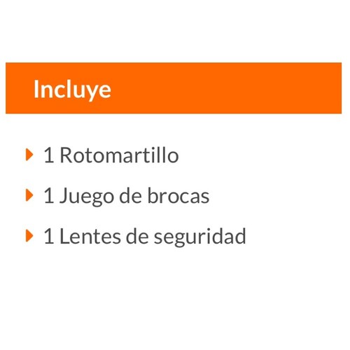 Rotomartillo de 650 w Combo Con 6 Brocas-Lentes De Seguridad Concreto, Madera y Metal COMBOR-1/2N6