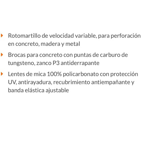 Rotomartillo de 650 w Combo Con 6 Brocas-Lentes De Seguridad Concreto, Madera y Metal COMBOR-1/2N6