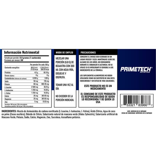 Aminoacidos BCAAXTRA Manzana Verde Primetech 408 g 60 serv 68 g c/u