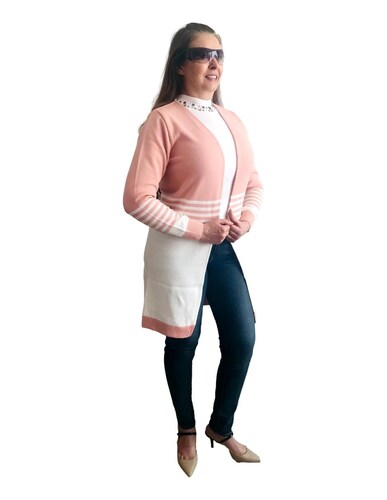Cárdigan suéter mujer ensamble largo dama tejido abierto blanco con rosa MONI 