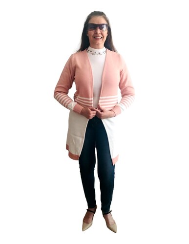 Cárdigan suéter mujer ensamble largo dama tejido abierto blanco con rosa MONI 