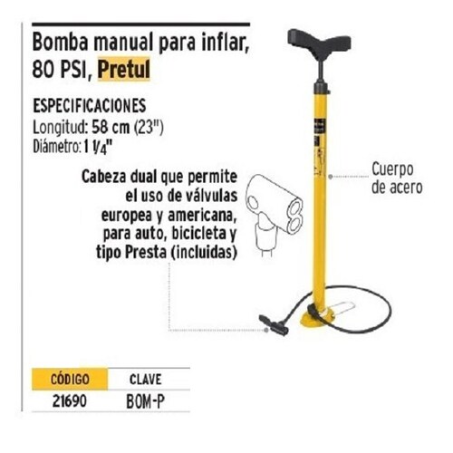 Bomba Manual para Inflar Llanta de Bicicleta 80 Psi PRETUL