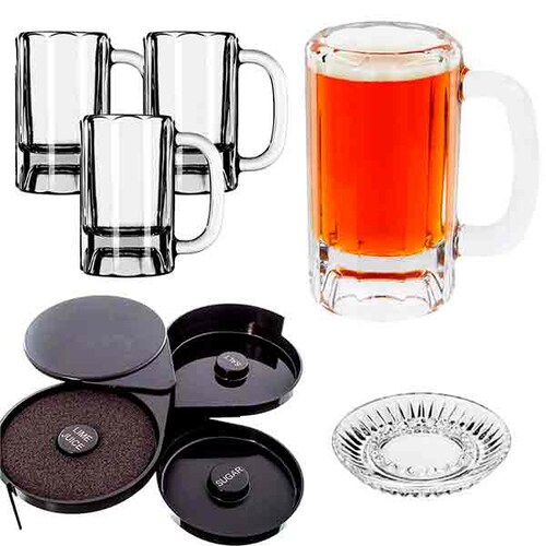 Set de tarros para cerveza, escarchador y elegante cenicero de regalo. Pack 6 piezas.