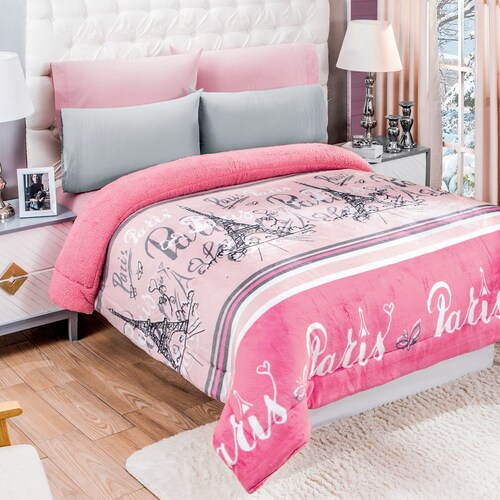 Cobertor Con Borrega Matrimonial Premium "Modelo Paris Rosa"