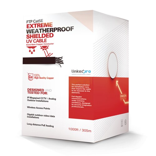 Bobina de cable de 152 m, Cat5e, FTP, blindado, para intemperie, color negro, UL, color negro, para aplicaciones en CCTV, redes de datos.