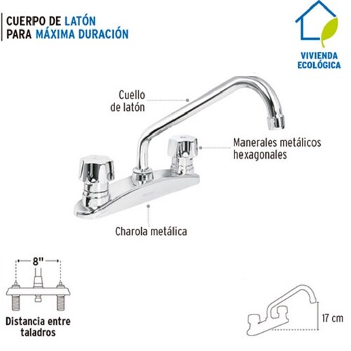 Mezcladora para  Fregadero  8'Manerales Metalicos de Acero Inoxidable Standard Foset Cuello de latón AQF-86