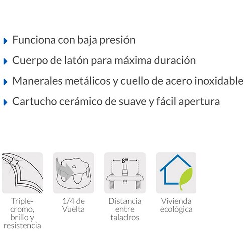 Mezcladora de pared para Fregadero de 8" Manerales Metalicos Foset Conexiones de Pared de Acero Inoxidable AQF-92