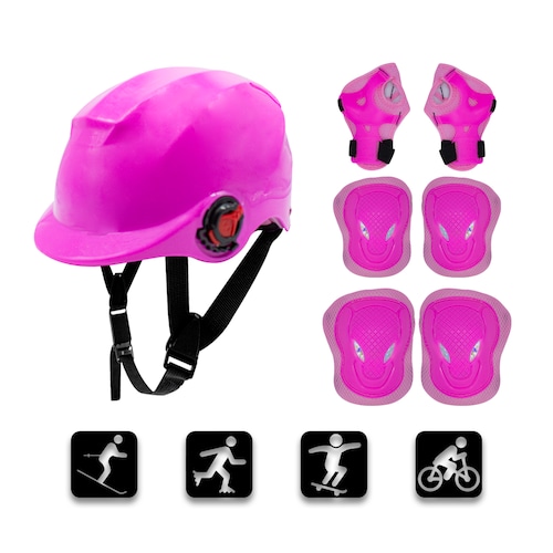 Kit Seguridad Skate Juvenil Rosa Plástico PU Alta Resistencia Ajuste Velcro