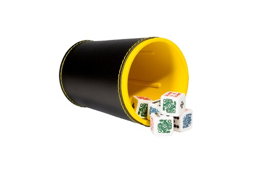 Cubilete Profesional con 5 Dados Poker. Vaso Estriado Color Amarillo