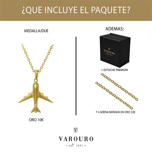 Dije Avión  VAROURO Oro Puro 10k Amarillo | Amor + Cadena Regalo 