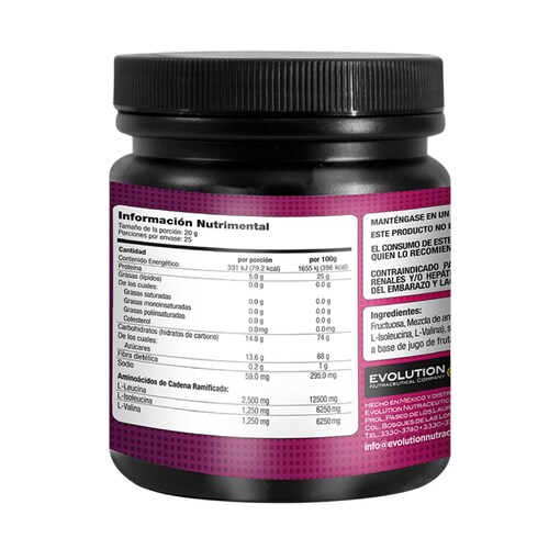 Aminoacidos BCAAs Evolution Nutritional Instantaneo 500g 25 serv.