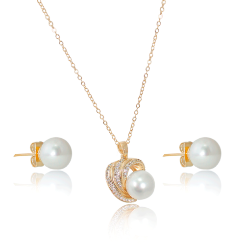 Juego, Kit, Set, De Collar Y Aretes #01 Oro 18k Laminado Con perlas blancas largo 48cm, Medidas largo 48cm Diametro 2cm 