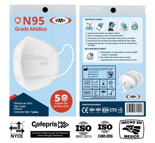 Cubrebocas KN95 Certificado Grado Médico con 5 Capas de protección con Ajuste Nasal Interno Paq 10 Pzas