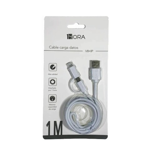 Cable Combo V8 + iPhone 5-14 1 Hora 1M Blanco
