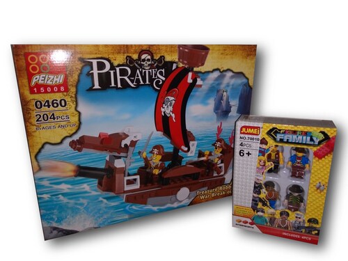 Combo Bloques de Construcción: Set de Barco PIRATA 204 Pzas Y Set de 4 PERSONAJES 