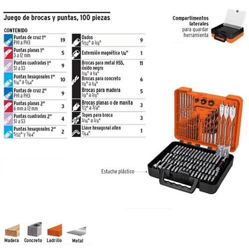 Juego Brocas Puntas Dados Set Rotomartillo Taladro para Madera -Metal y Concreto Truper con Estuche .