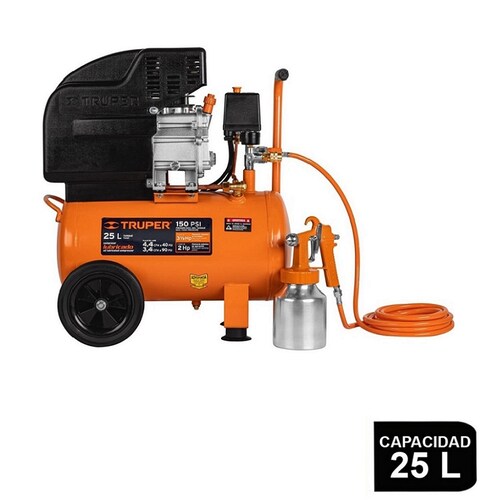 Comprensor de 25 L Incluye Manguera (5 m) y Pistola para Pintar ( 400 ml) Ideal para Carpinteria y Pintura Combo Truper COMP-KIT25 