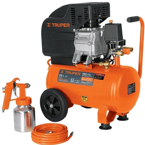 Comprensor de 25 L Incluye Manguera (5 m) y Pistola para Pintar ( 400 ml) Ideal para Carpinteria y Pintura Combo Truper COMP-KIT25 