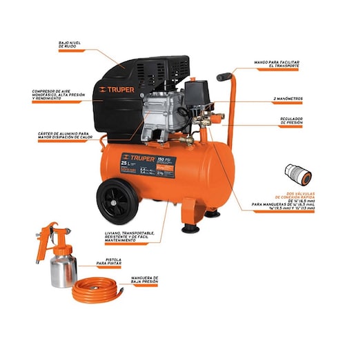 Comprensor de 25 L Incluye Manguera (5 m) y Pistola para Pintar ( 400 ml) Ideal para Carpinteria y Pintura Combo Truper COMP-KIT25 