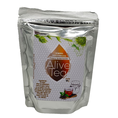 Alive Tea Kit Kombucha Alive Clean incluye kombucha Scoby, 150 gr de té negro, 250 ml de líquido iniciador, un manual de preparación, una tela con hule para tu contenedor, un Alive Clean 600 ml y un vasito medidor gratis..