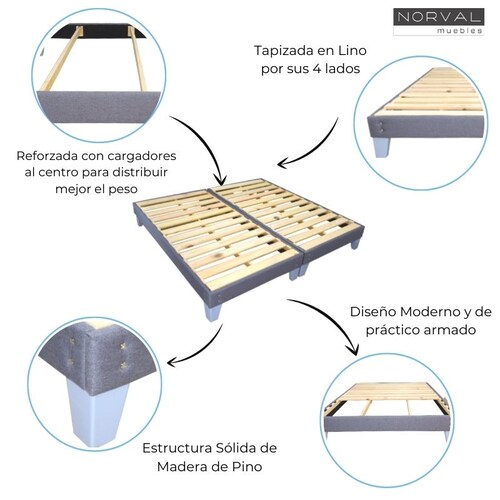 Base de Cama King Size Box Spring Armable de Madera Sólida de Pino en color Gris NORVAL