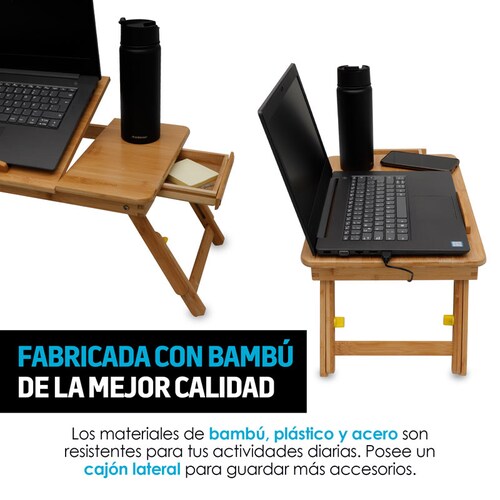 Mesa Plegable para Laptop de Bambú con 2 Ventiladores Redlemon